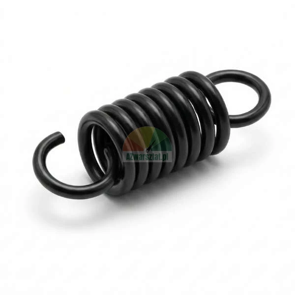 Black metal tension spring with hook ends isolated on a white background.