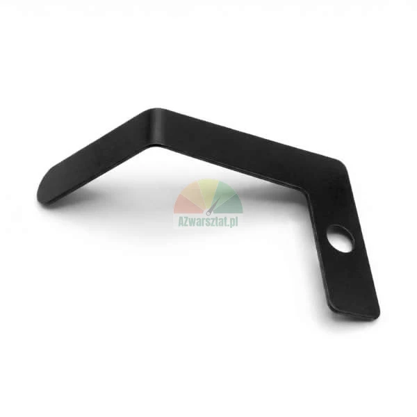 Black bent metal bracket or clip with a mounting hole on a white background.