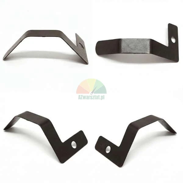 Four views of a black, bent metal bracket with a mounting hole on a white background.