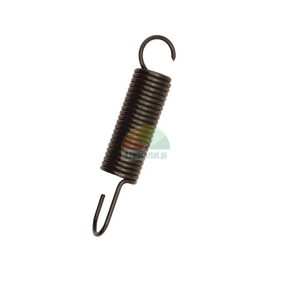 Black steel extension spring with hooks on both ends isolated on a white background.
