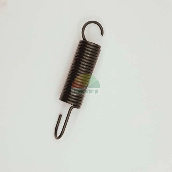 Black metal tension spring with hooks at both ends on a white background.