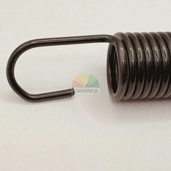 Black tension spring with a hook on a light background.
