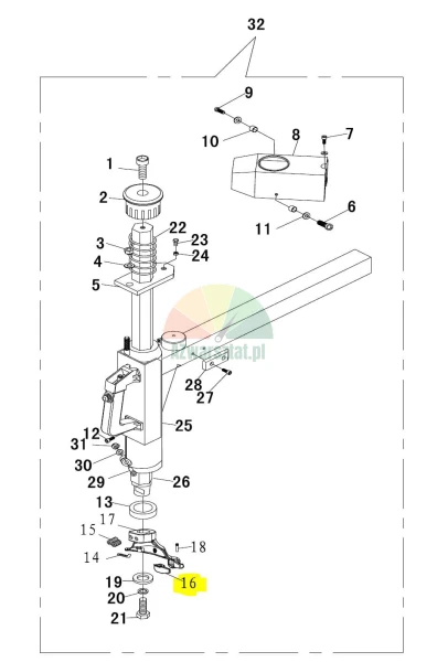 Technical exploded view diagram of a tire changer mounting arm with numbered components 1 to 32, item 16 highlighted in yellow.