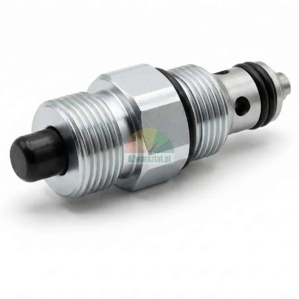 Metal hydraulic cartridge valve with a black manual override button and o-ring seals.