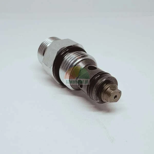 Hydraulic cartridge valve with thread and O-ring seals on a bright background.