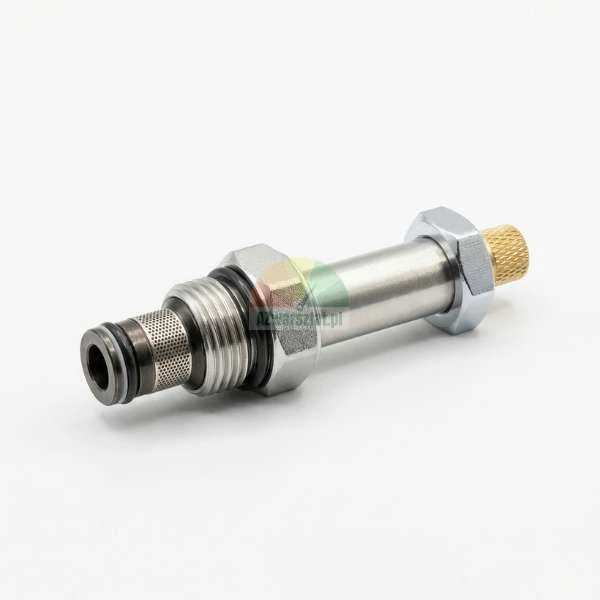 Metal hydraulic cartridge valve with mesh filter, O-rings, and brass adjustment screw on a white background.