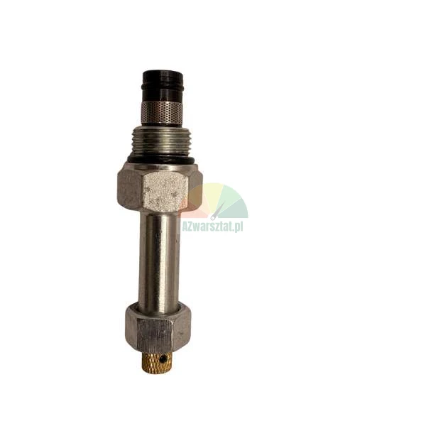 Metal hydraulic component with threading and nuts on a white background.