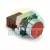 Industrial red push-button switch with a chrome bezel and mounting block on a white background.