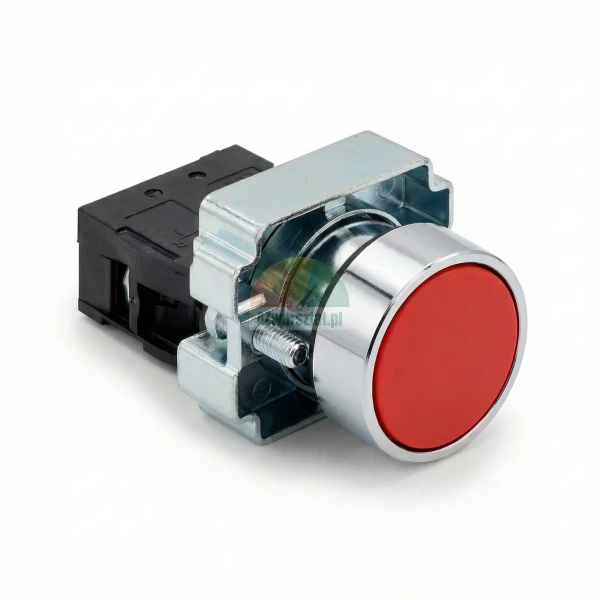 Industrial red push-button switch with a chrome bezel and mounting block on a white background.
