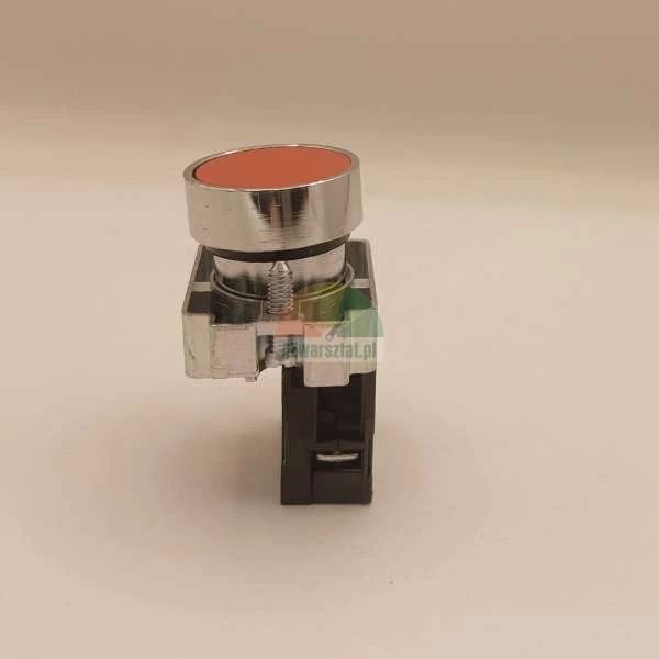 Red industrial push button switch with chrome housing and contact block.