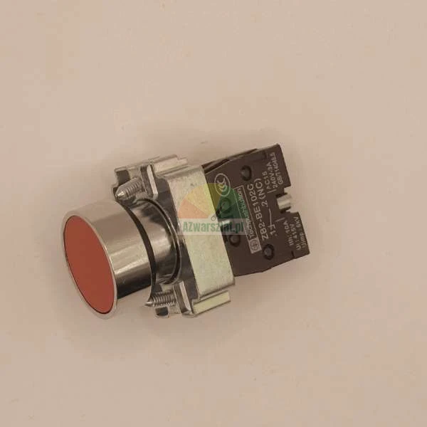 Red industrial push button switch with contact block ZB2-BE102C on a light background.