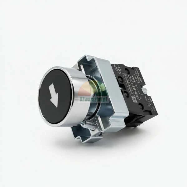 Black industrial push button switch with white down arrow symbol, chrome metal bezel and contact block.