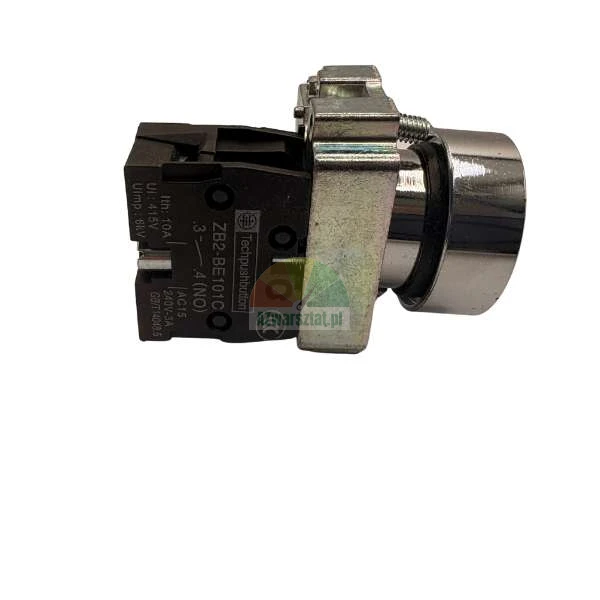 Chrome industrial push button switch ZB2-BE101C with NO contact block against a white background.