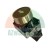 Black industrial push button with a white down arrow symbol in a metal housing