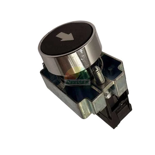 Black industrial push button with a white down arrow symbol in a metal housing