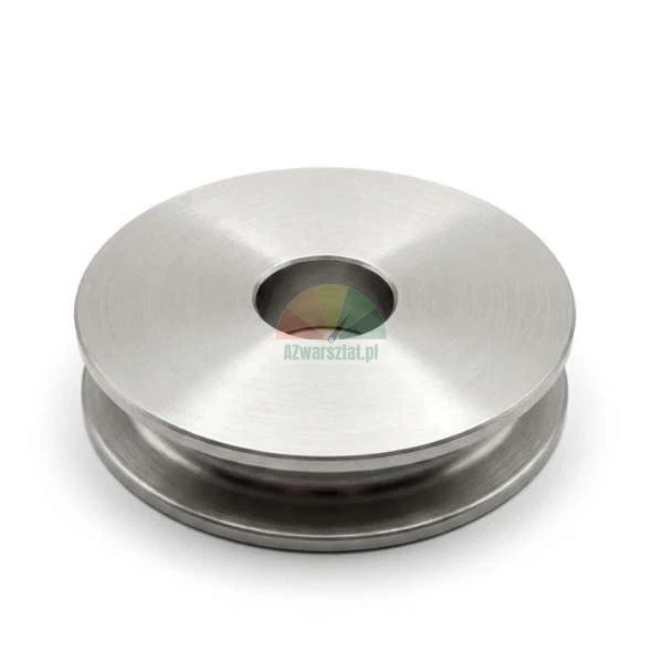 Metal guide pulley made of stainless steel with a groove and a central hole.