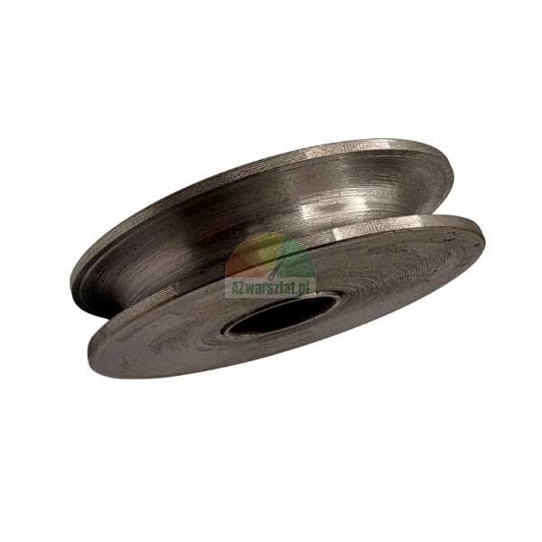 Metal pulley wheel with a deep groove for rope or cable.