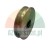 Metal pulley wheel with a deep groove for rope or belt guidance.