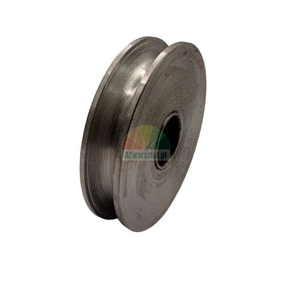 Metal pulley wheel with a deep groove for rope or belt guidance.
