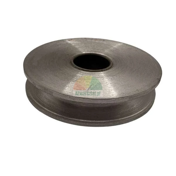 Metal pulley wheel with a groove and central hole on a white background