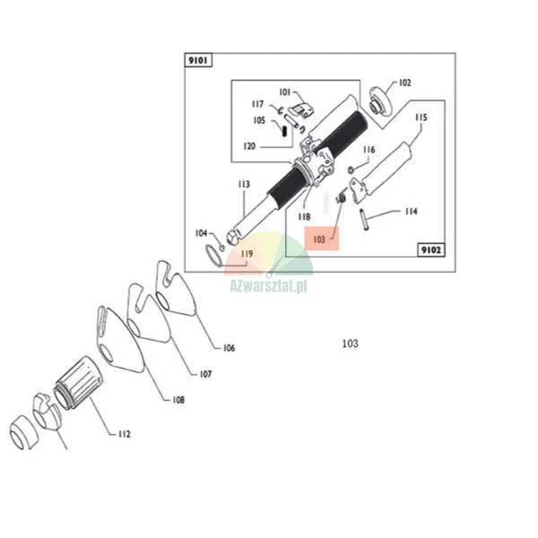 Technical diagram of mechanical spare parts with numbered components, highlighting part 103.