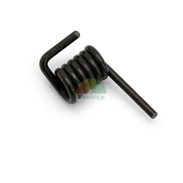 Black metal torsion spring with two arms on a white background.
