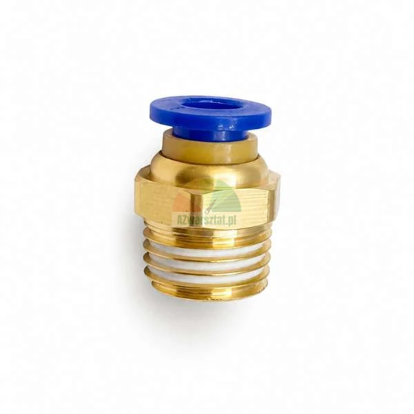Brass pneumatic push-in fitting with a blue release ring and pre-applied thread sealant.