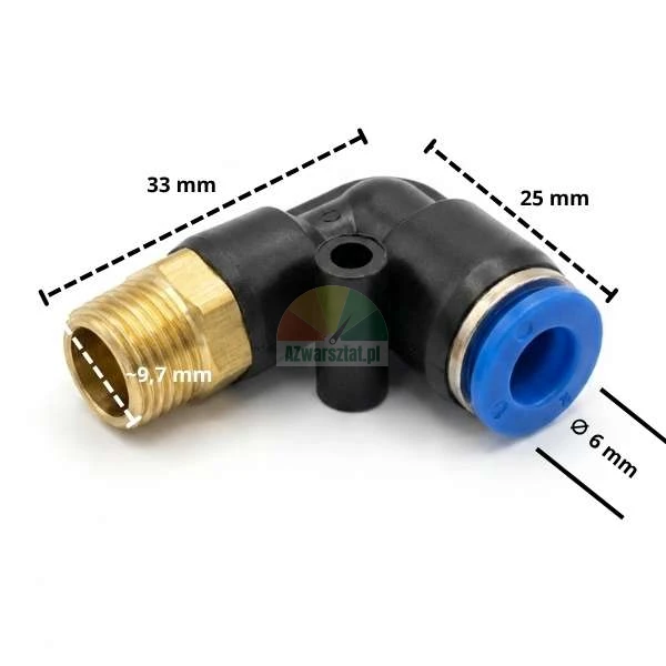 L-type pneumatic elbow fitting, 9.7mm thread, 6mm push-in connector
