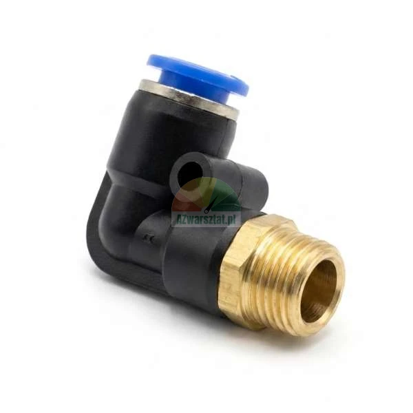 Pneumatic elbow push-in fitting with brass thread and blue release ring