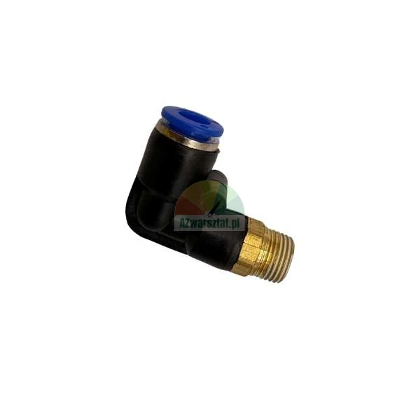 Pneumatic elbow push-in fitting with brass thread and blue release ring.