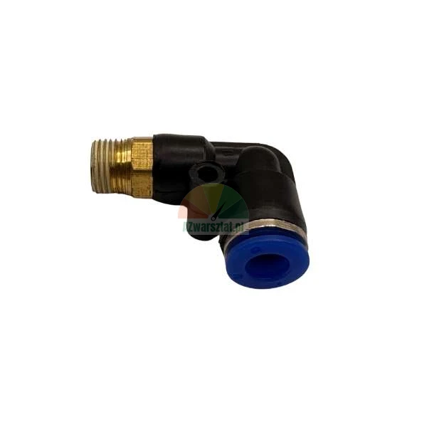 Pneumatic elbow push-in fitting with brass thread and blue release ring.