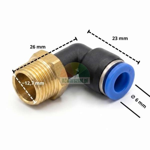 Pneumatic L-type elbow fitting, 12.7mm thread, 6mm push-in connection.