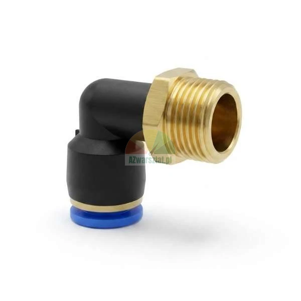 Right-angle pneumatic push-in fitting with male brass thread and blue release ring.