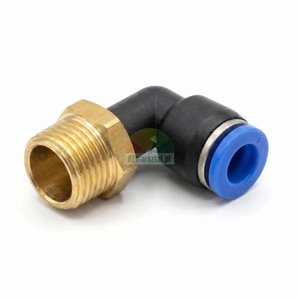 L-shaped pneumatic push-to-connect fitting with brass thread and blue release ring