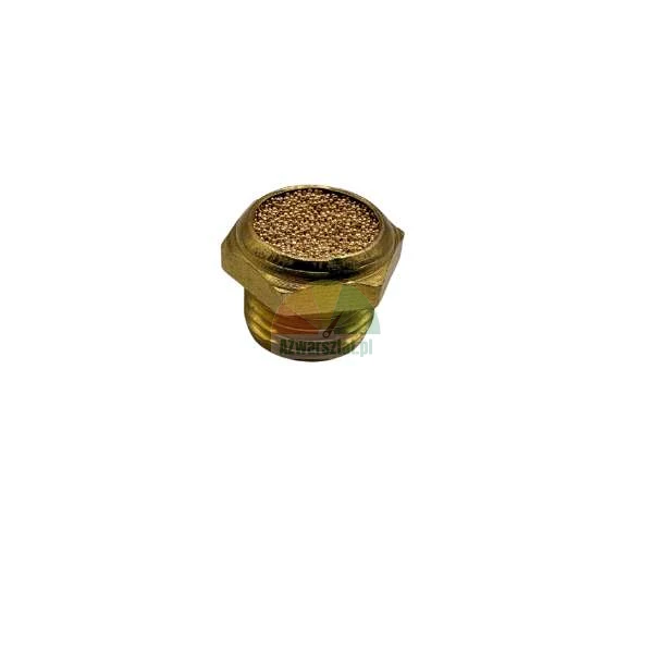 Brass sintered bronze pneumatic muffler with male thread and hexagonal head.