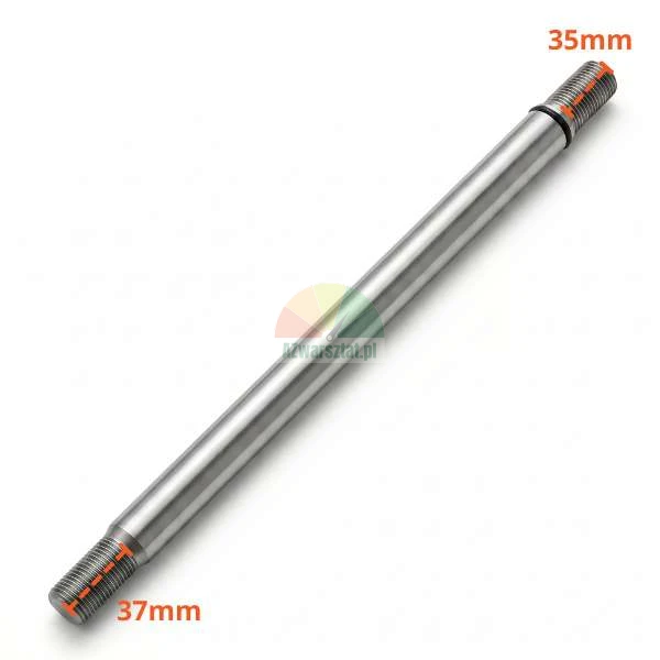 Metal shaft with threaded ends measuring 35mm and 37mm on a white background.
