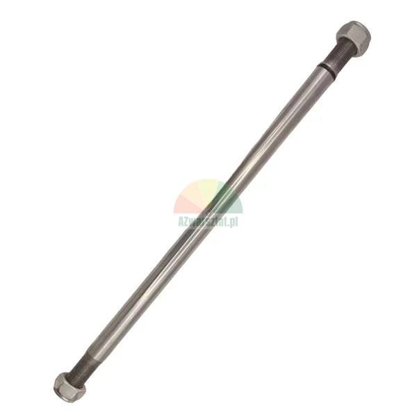 Long metal axle with threaded ends and hex nuts on a white background