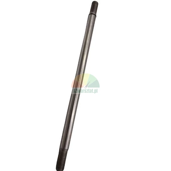 Long metal shaft with threaded ends on a white background.