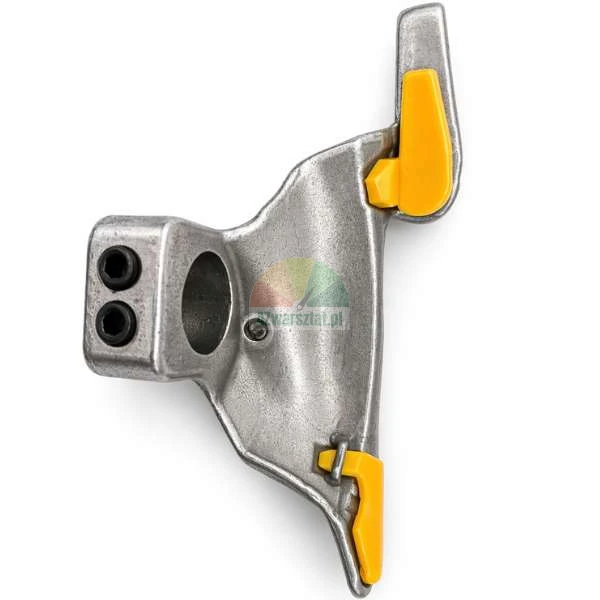 Silver metal mounting bracket with yellow protective elements and two allen screws.