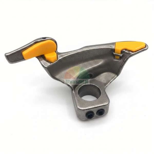 Tire changer demount head with yellow plastic protectors on a white background