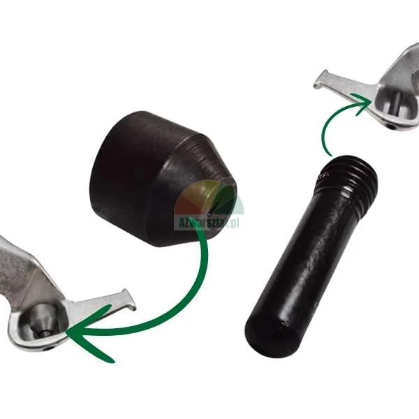 Technical diagram showing the assembly of a black cone and a threaded stud into metal brackets with green arrows.