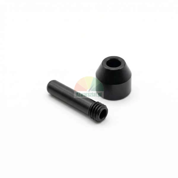 Black metal threaded screw and matching conical spacer on a white background.