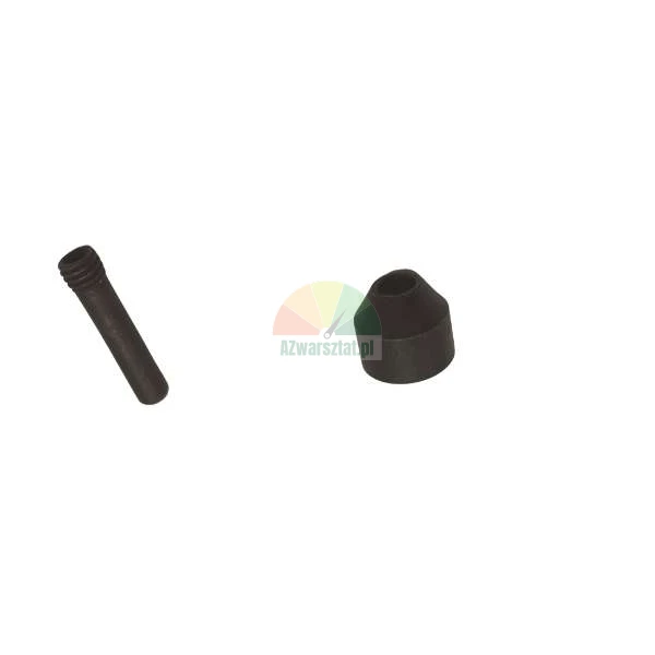 Two black rubber industrial components, a long ribbed pin and a conical grommet, isolated on a white background.