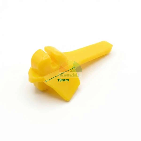 Yellow plastic insulator for electric fence with a 19mm width dimension indicated.