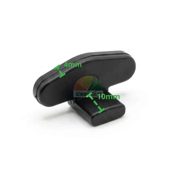 Small black plastic T-shaped component with 4mm and 10mm measurements marked in green.