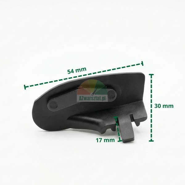 Black plastic part with dimensions 54 mm, 30 mm and 17 mm indicated by green dashed lines.