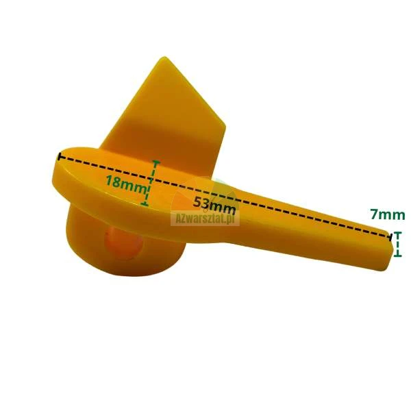 Yellow plastic lever switch with length 53mm, height 18mm and tip thickness 7mm.
