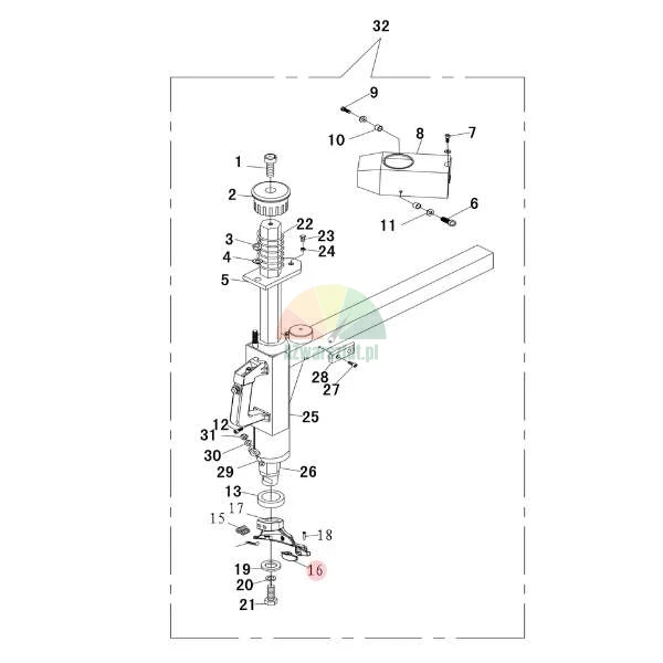 Technical exploded view diagram of a tire changer arm with numbered parts, element number 16 highlighted in pink.