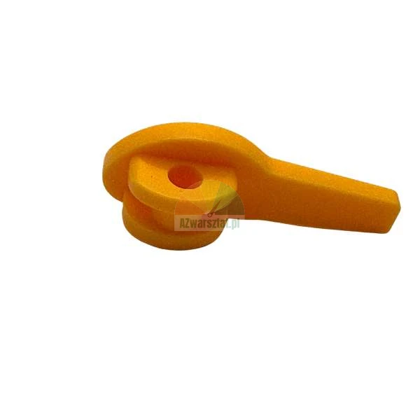 Orange plastic part with a hole and a handle on a white background