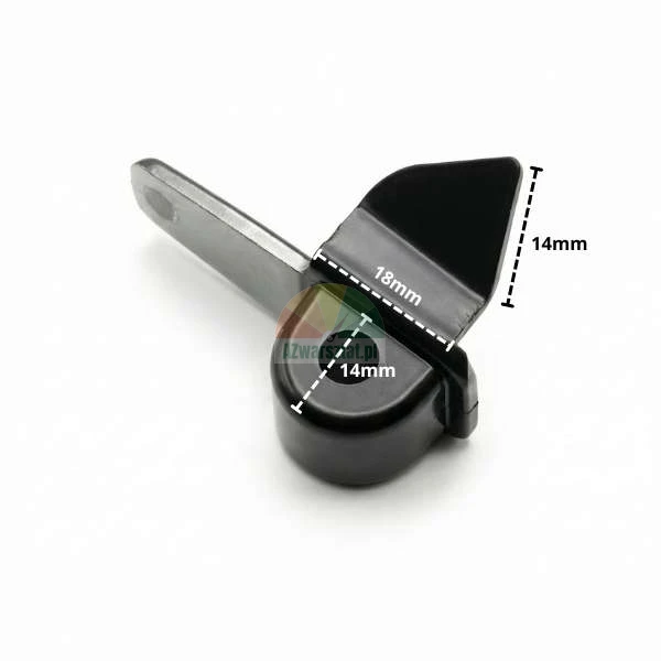 Black metal mounting element with dimensions 18mm and 14mm marked on a white background.